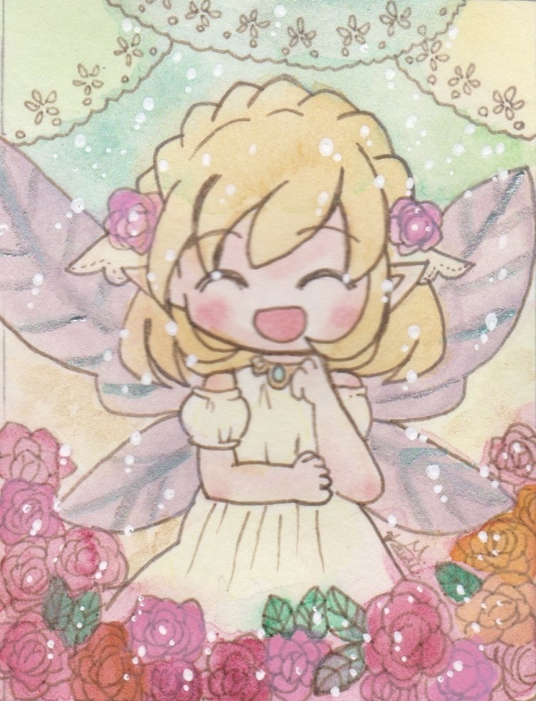 【創作】額装原画「笑顔の花咲く庭で」