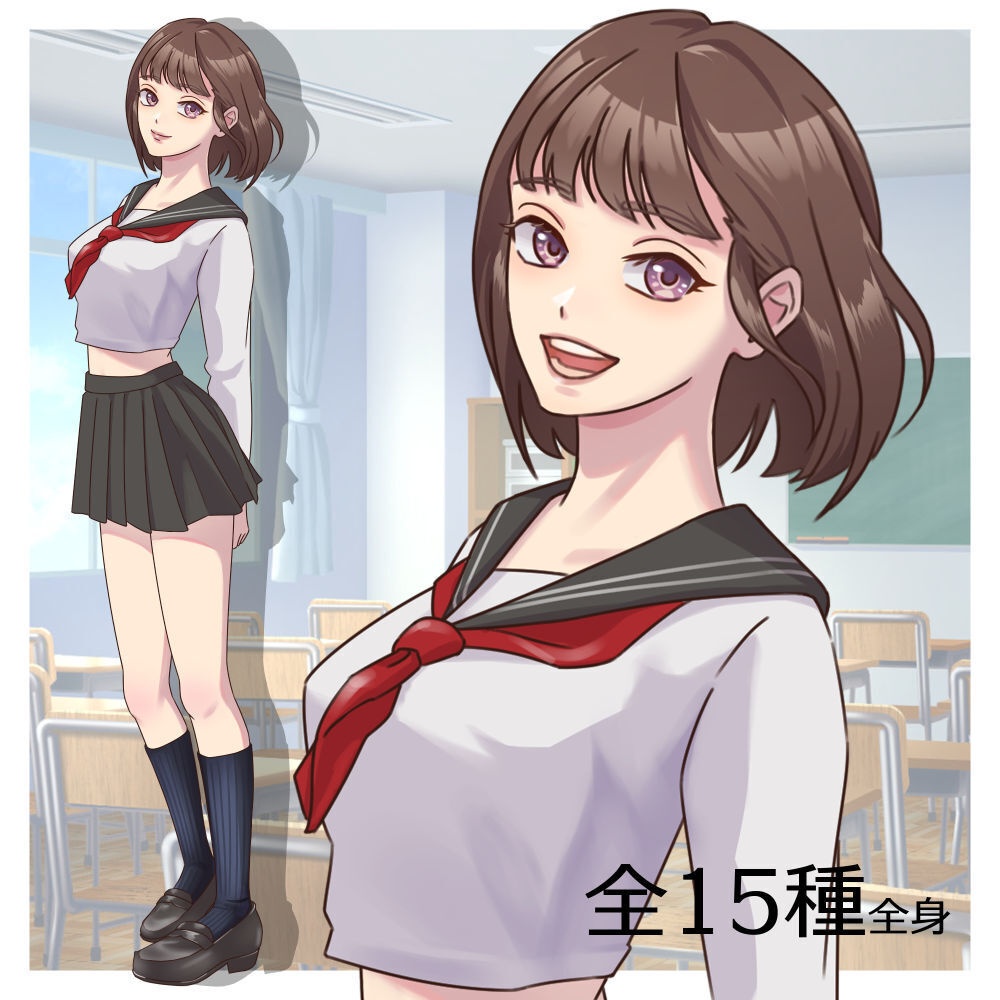 立ち絵素材_セーラー服の幼馴染な女の子【表情差分15種】