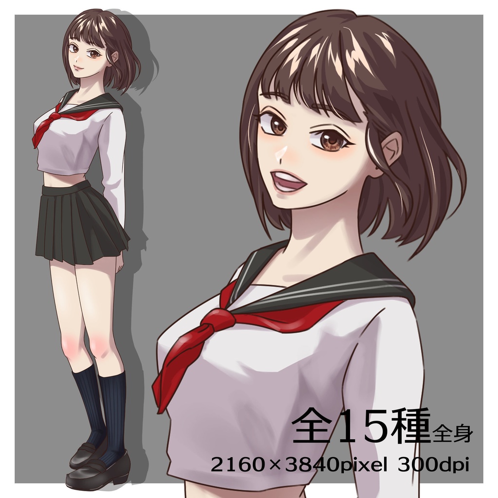 立ち絵素材_セーラー服の幼馴染な女の子【表情差分15種】