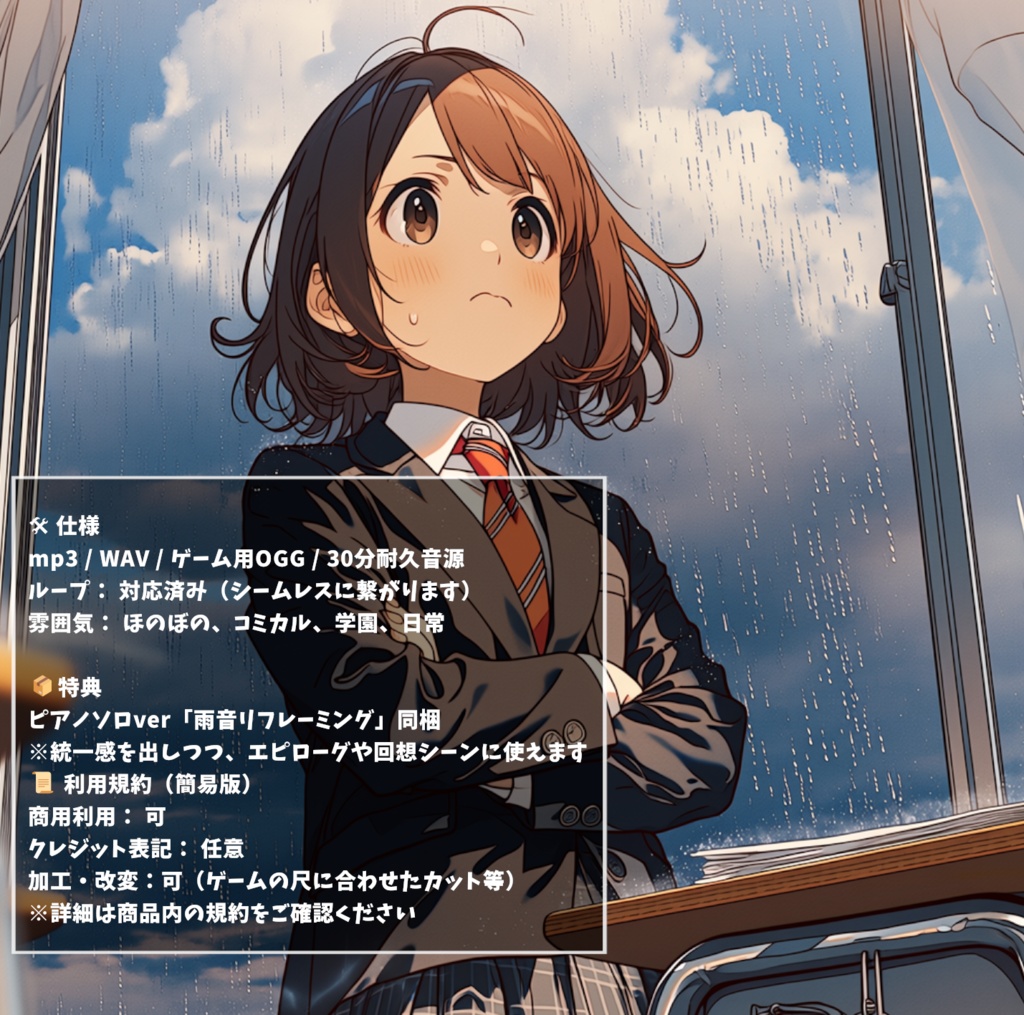 ゲームや配信に使えるフリーBGM『光の多い午後 / 雨音リフレーミング』【ギャルゲー・恋愛ADV向け】