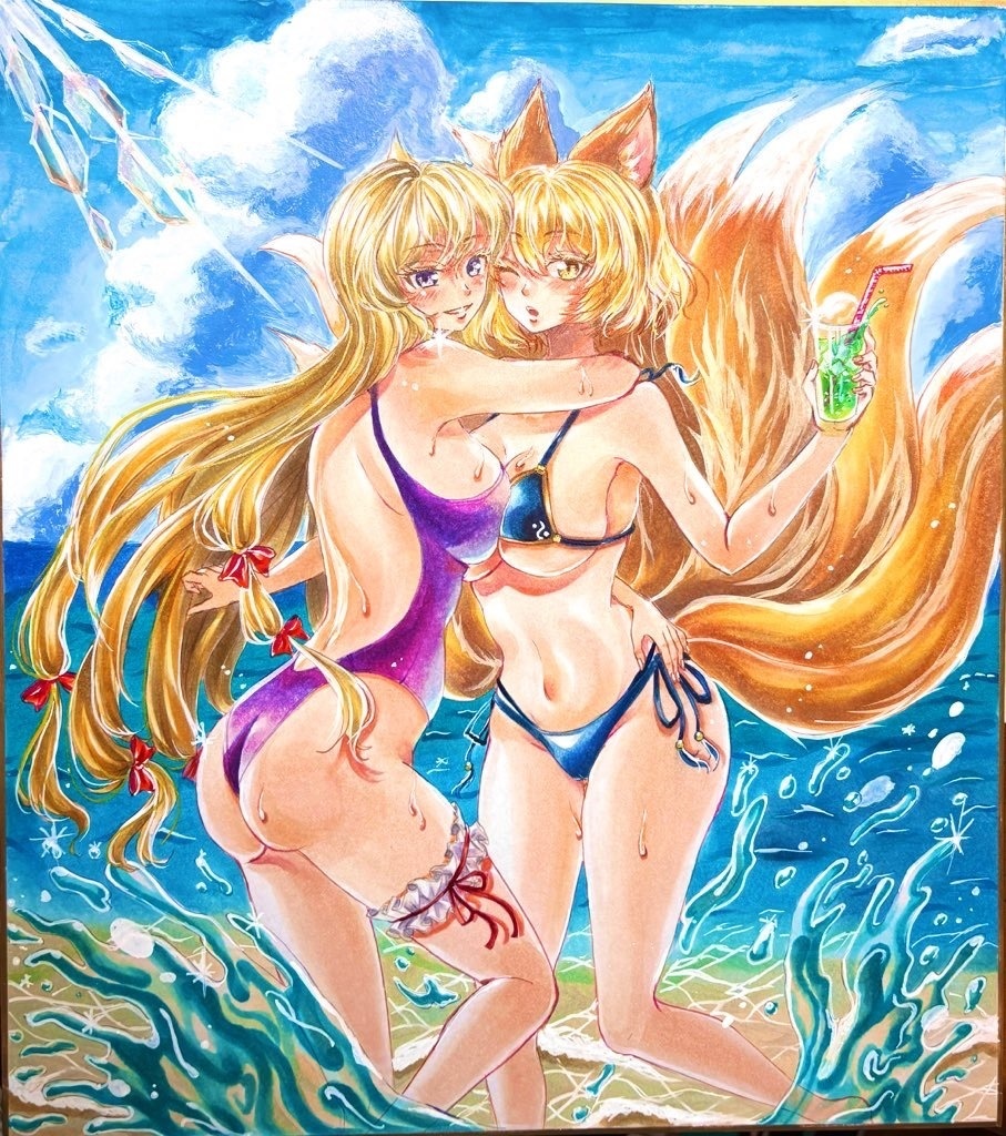 東方Project  八雲 紫＆八雲 藍 手描きイラスト 大色紙