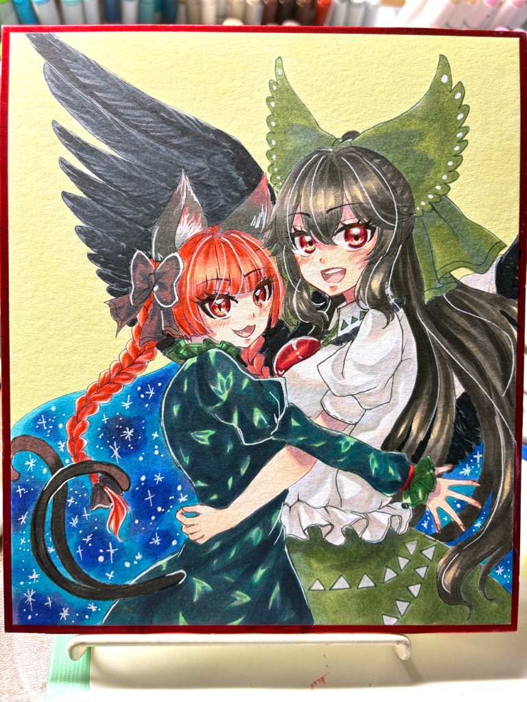 東方Project 霊烏路空＆火焔猫燐 手描きイラスト 小色紙