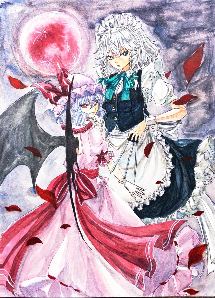 レミリア＆十六夜咲夜 手描きイラスト 水彩 B5サイズ