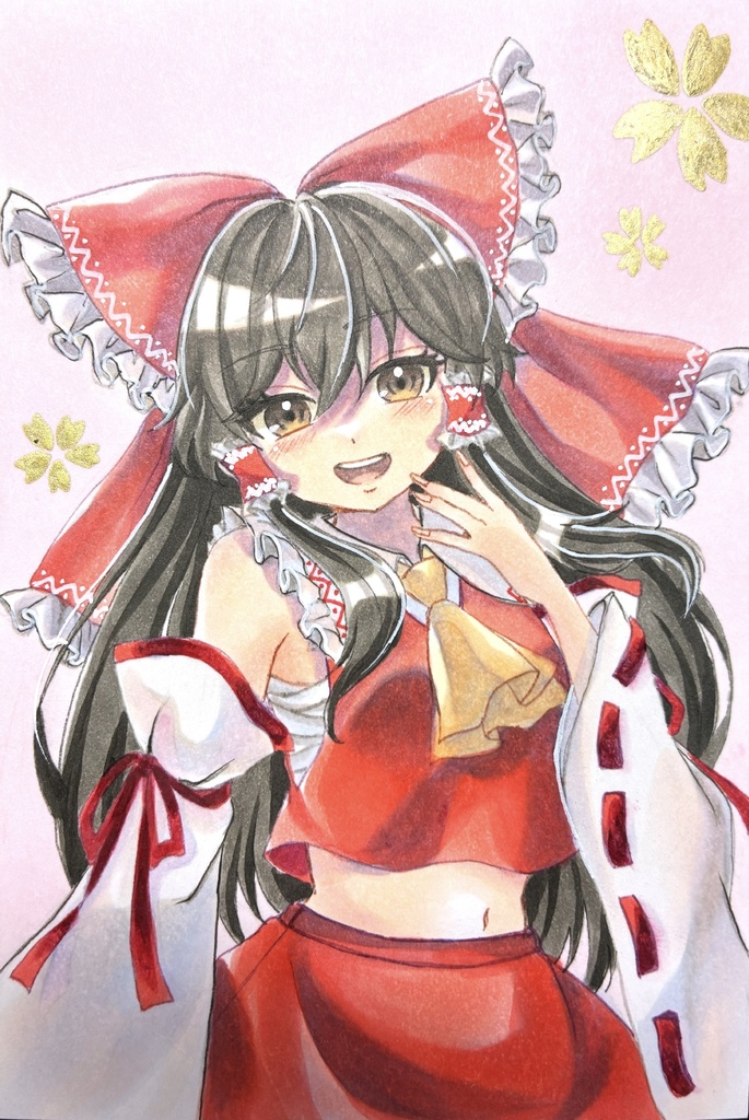 東方Project 博麗霊夢 手描きイラスト ポストカードサイズ
