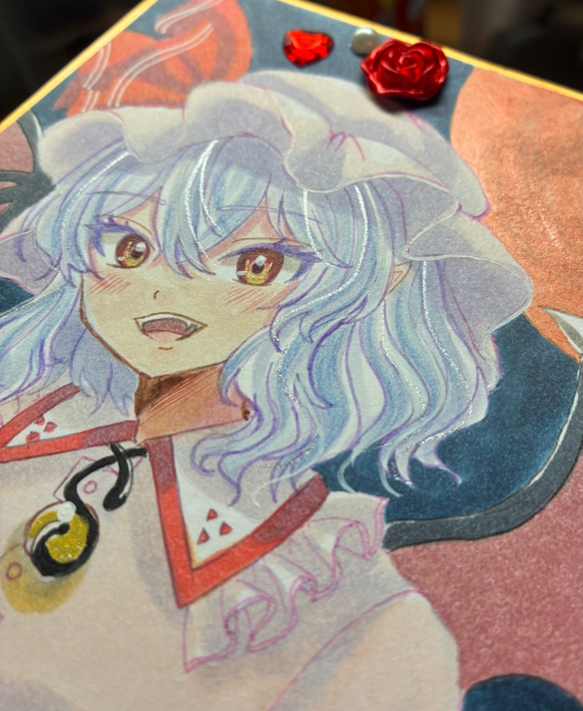 羽の折れたレミリア A4サイズ 手描きイラスト 原画 ラメ加工済み 東方Project 手描きイラスト レミリア・スカーレット ミニ色紙