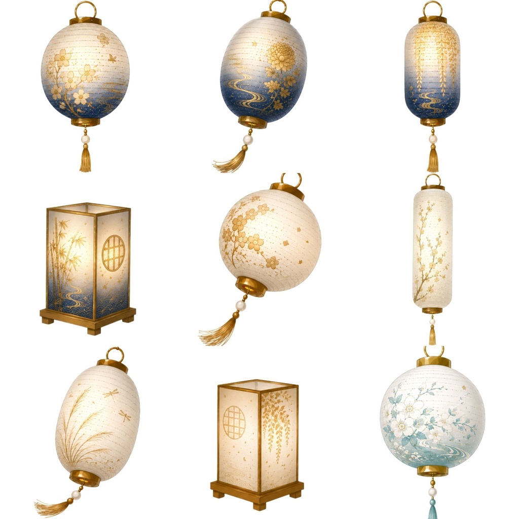 和紙提灯クリップアート| 青系|Japanese Paper Latern Clipart 15PNG