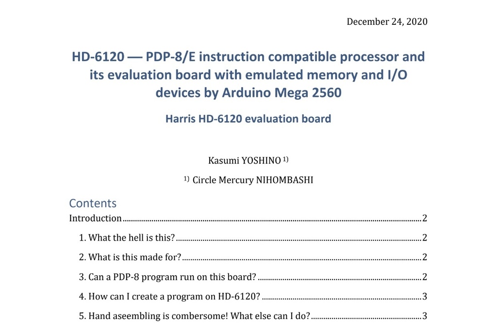 HD-6120 -- PDP-8/E instruction compatible processor and its evaluation board with emulated memory and I/O devices by Arduino Mega 2560