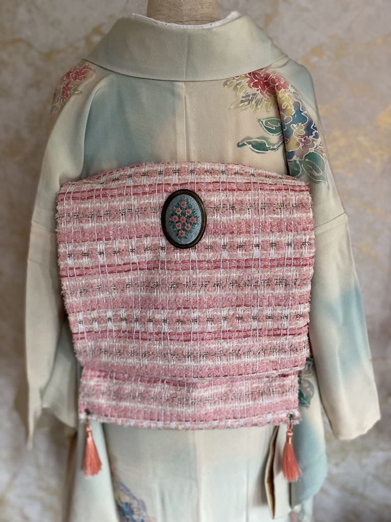 ツイード作り帯 ピンク