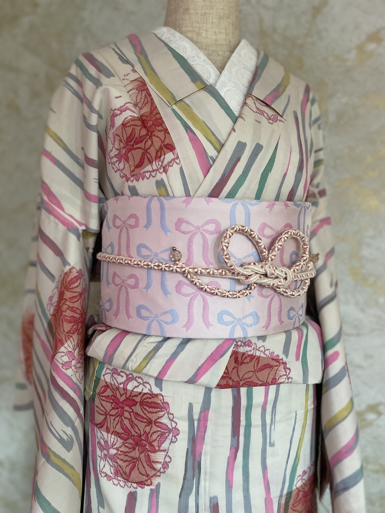 リバーシブル半幅帯　リボン/ピンクパープル