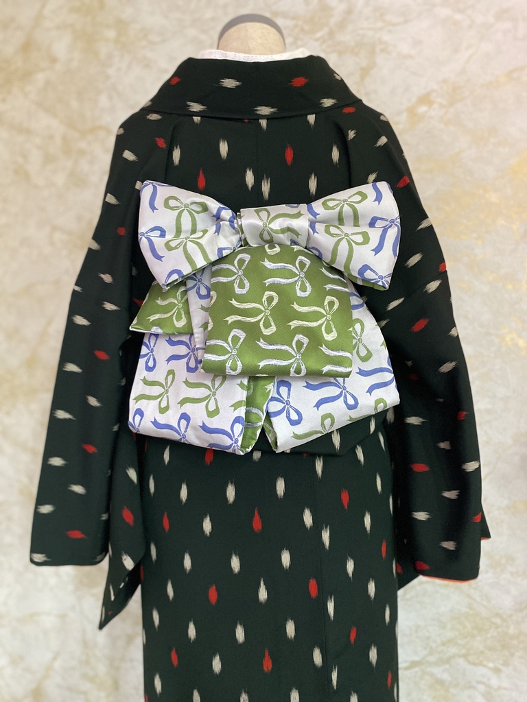 リバーシブル半幅帯　リボン/ブルーグリーン