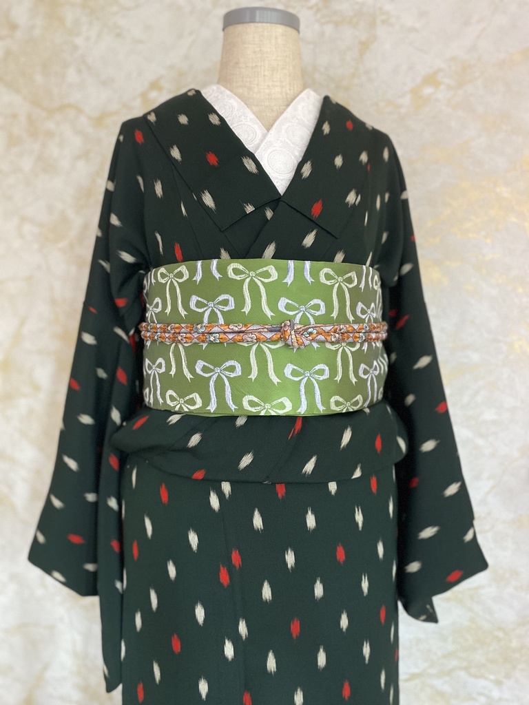 リバーシブル半幅帯 リボン/ブルーグリーン