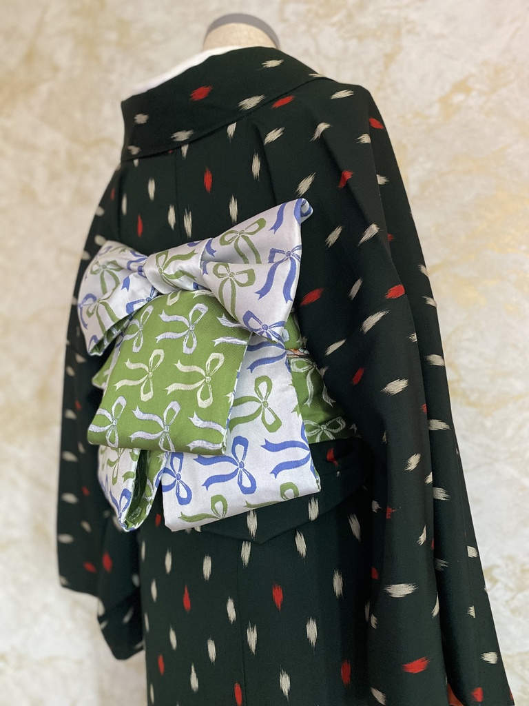 リバーシブル半幅帯 リボン/ブルーグリーン