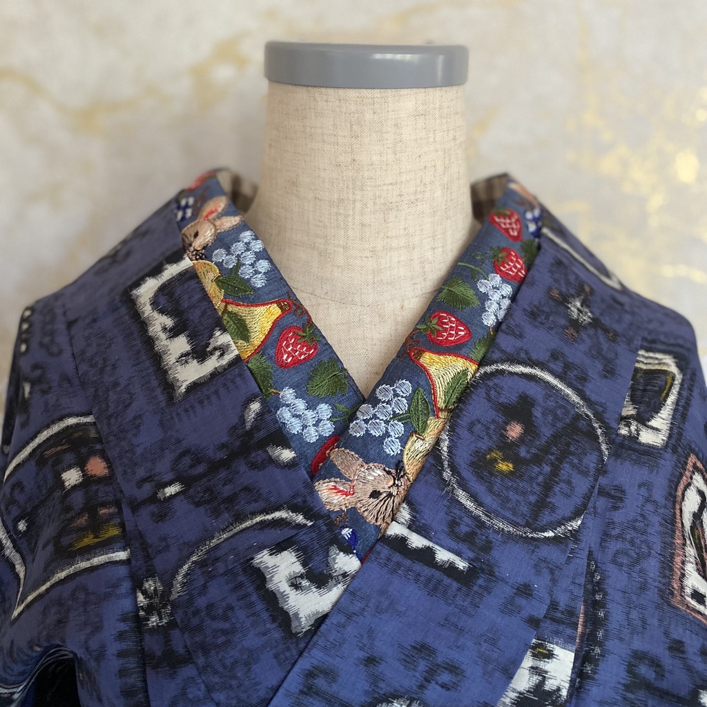 3way半衿　ウサギ柄:デニムブルー