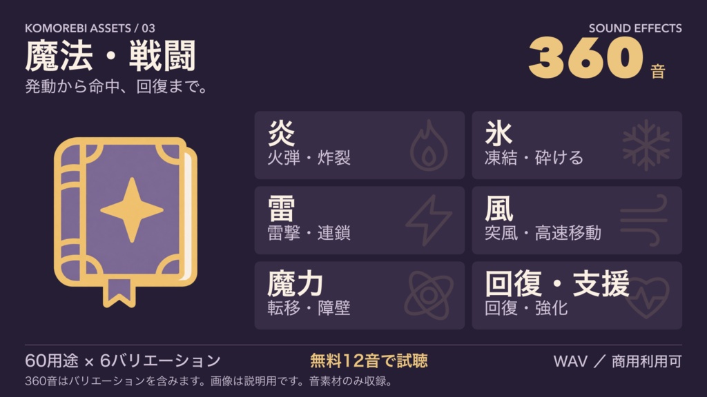 魔法・戦闘の効果音360音|炎・氷・雷・風・魔力・回復|WAV