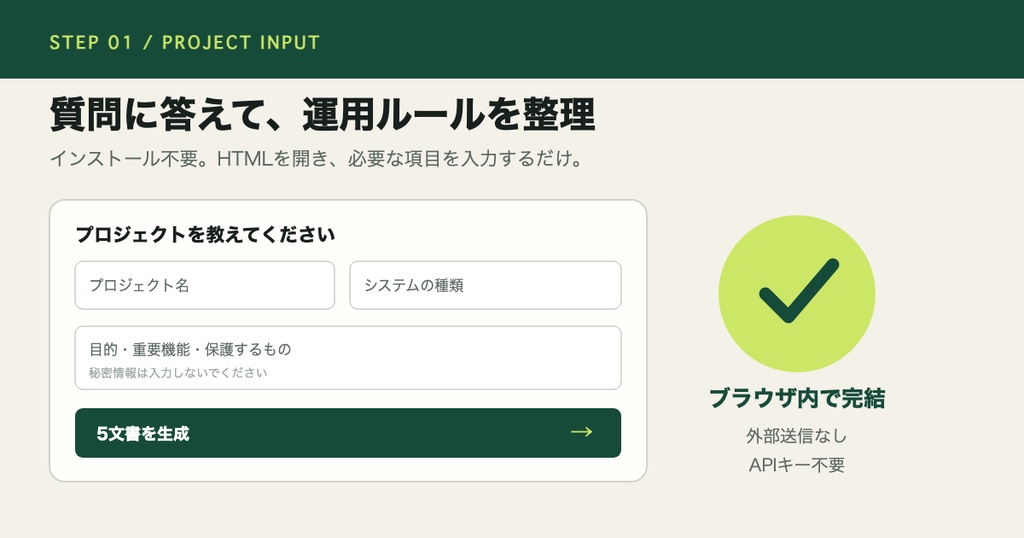 AIエージェント運用・監督キット|5つの運用文書をオフライン生成