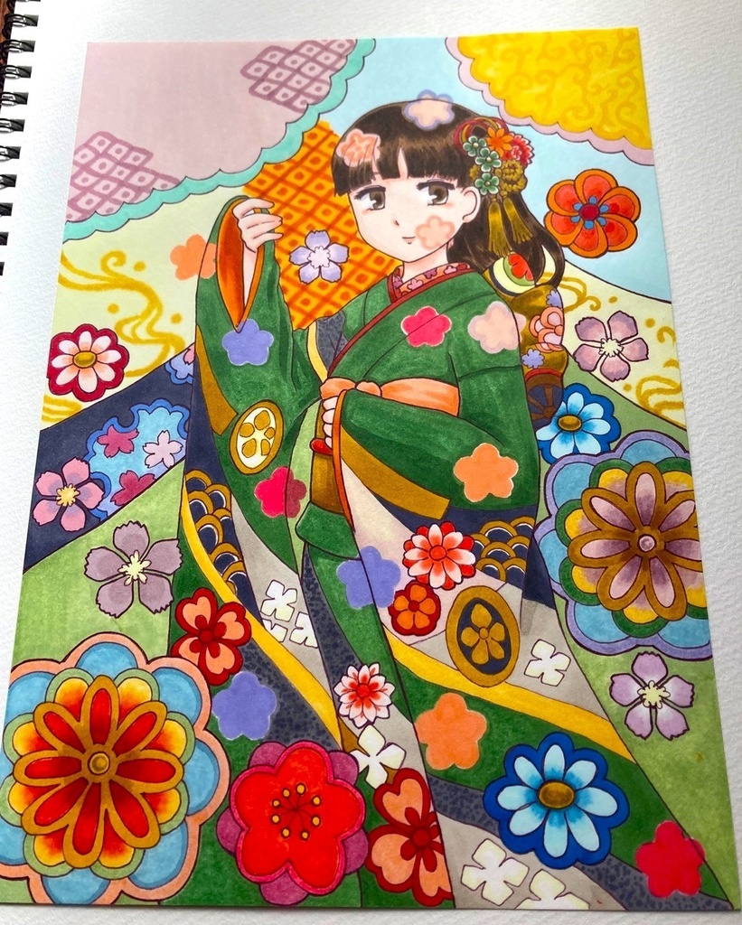 手描きイラスト コピー用紙A5サイズ 振袖少女 2枚セット