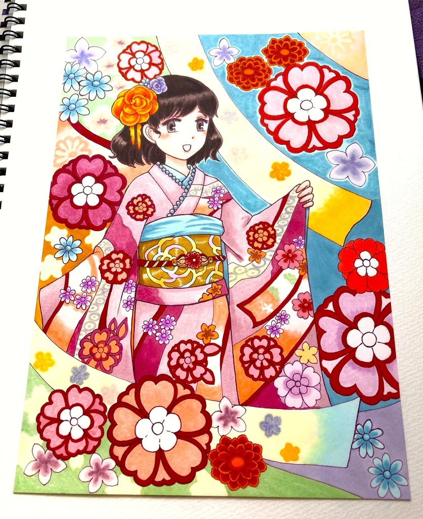 手描きイラスト コピー用紙A5サイズ 振袖少女 2枚セット