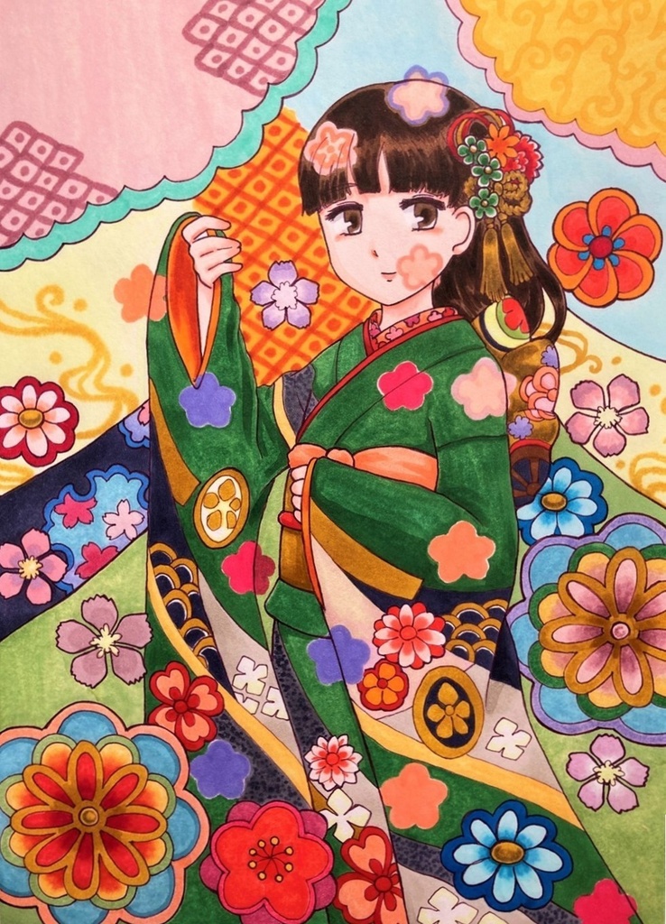 振袖 女の子 コピック 手描きイラスト 原画 2枚セット
