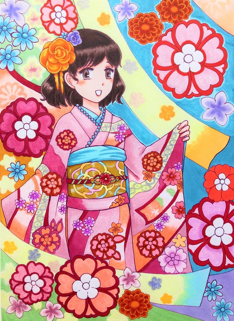 振袖 女の子 コピック 手描きイラスト 原画 2枚セット