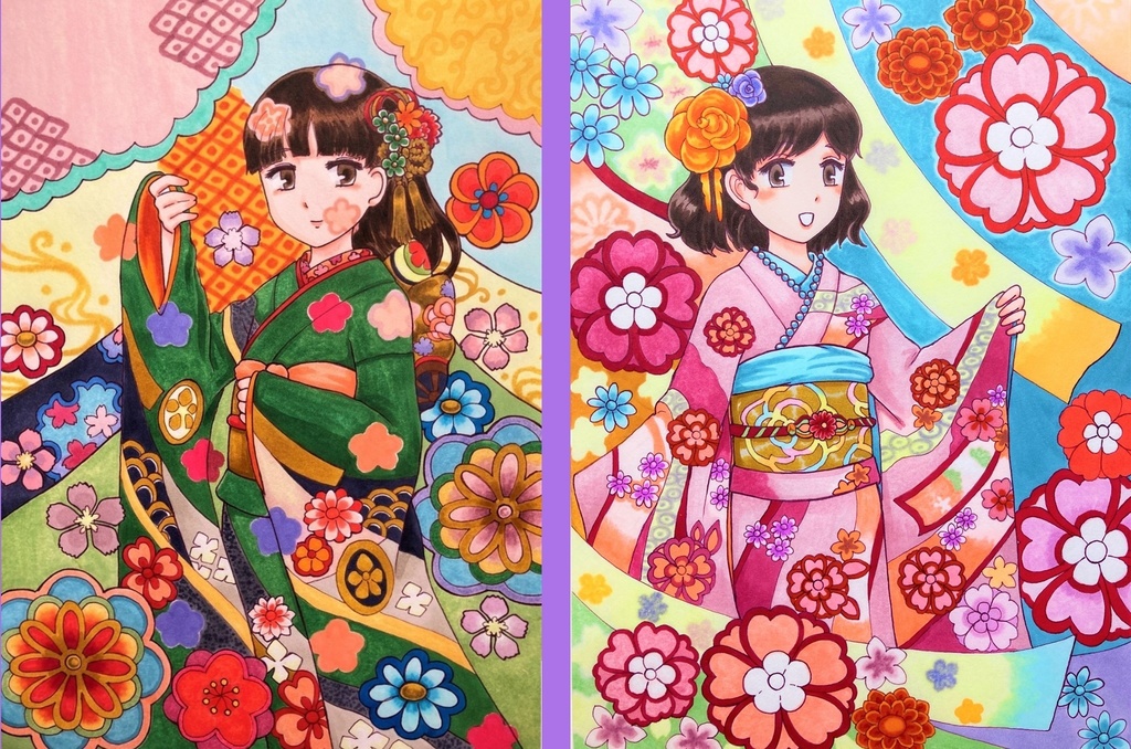 振袖　女の子　コピック　手描きイラスト　原画　2枚セット