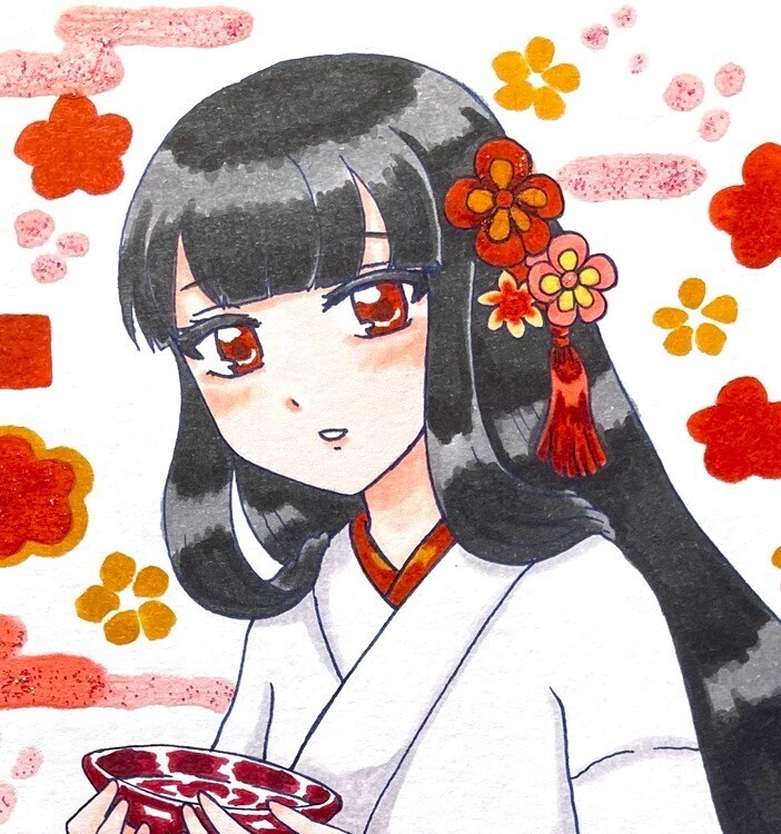 ほろ酔い巫女 小色紙 イラスト アナログ原画