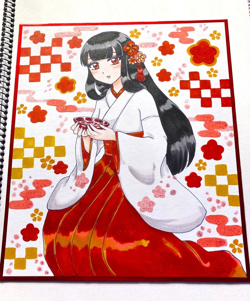 ほろ酔い巫女 小色紙 イラスト アナログ原画