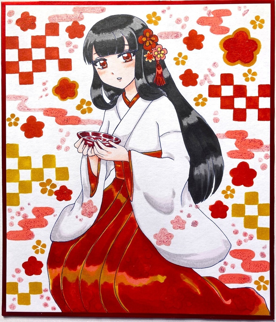 ほろ酔い巫女　小色紙　イラスト　アナログ原画