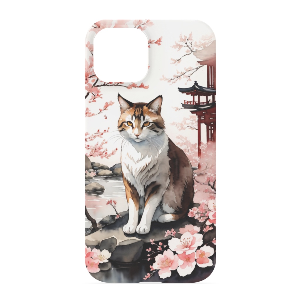 和風_桜と猫 iPhoneケース