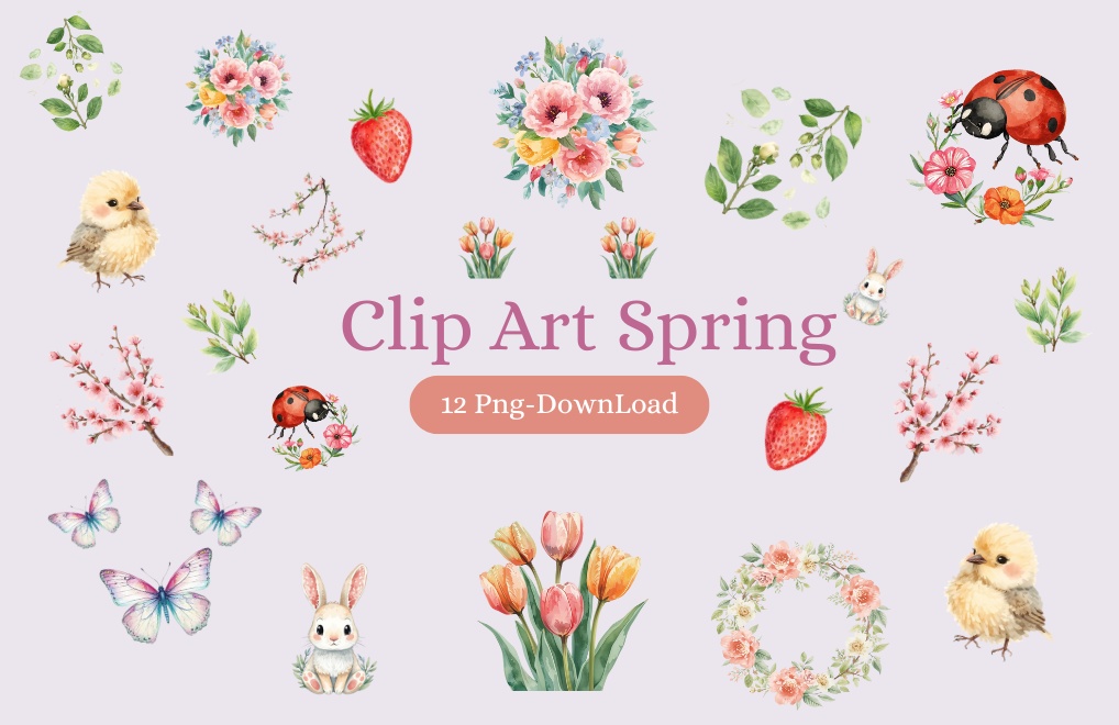 春の水彩クリップアートセット｜やさしく可愛い春素材｜背景透過PNG