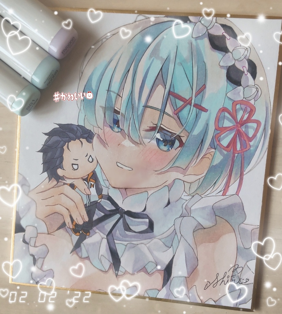 レム 同人手描きイラスト【Re:ゼロ レム ラム バレンタイン】色紙