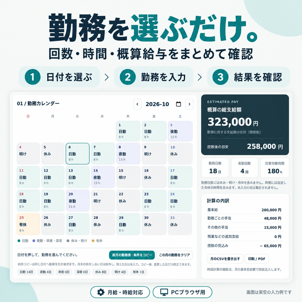 シフトと給料 夜勤・シフト勤務の概算給与計算ツール【PCブラウザ用】