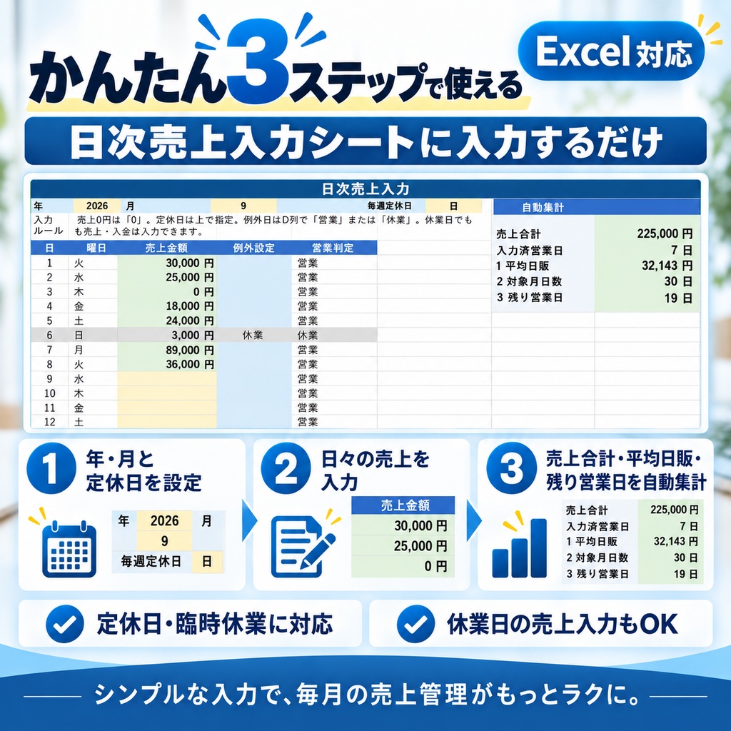 月末売上着地・必要日販チェッカー|今月の売上目標達成を自動計算【Excel】