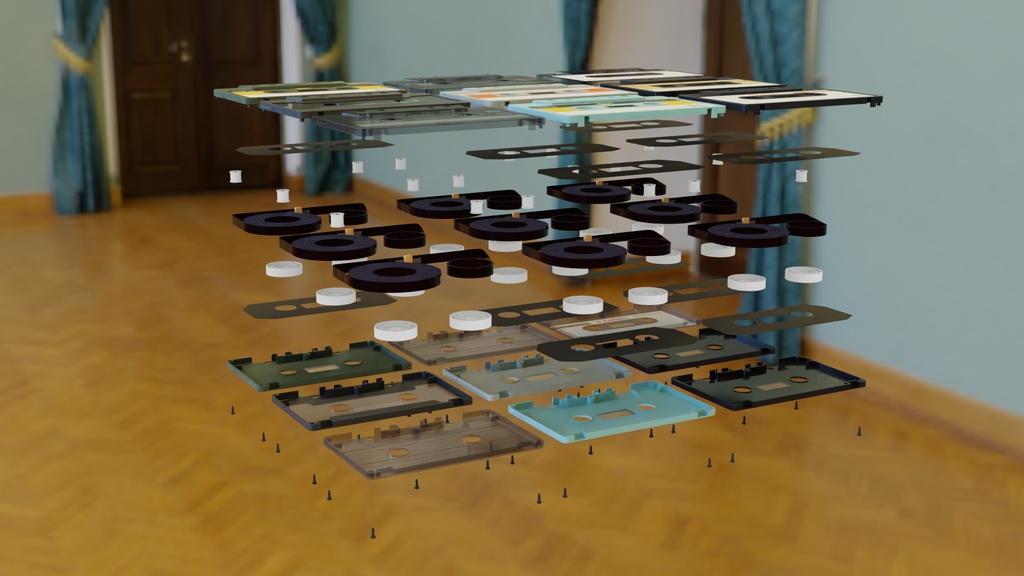 カセットテープ16種 ケース、インデックス付き 3Dモデル