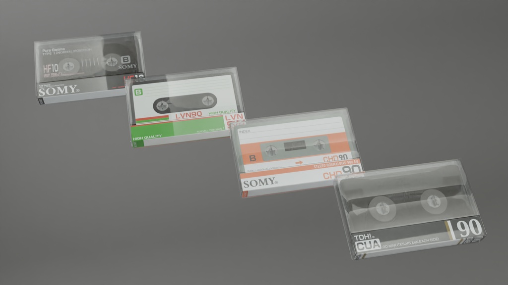カセットテープ4種 3Dモデル