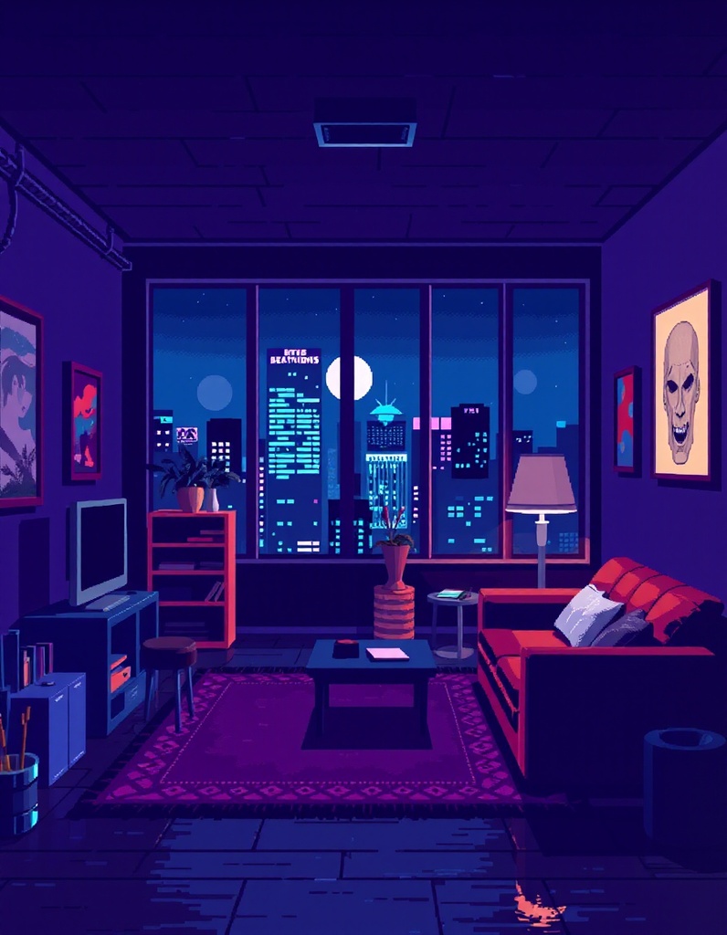 ネオン・サイバーパンク・ゲーミング風景・ドット絵【AI生成イラスト】
