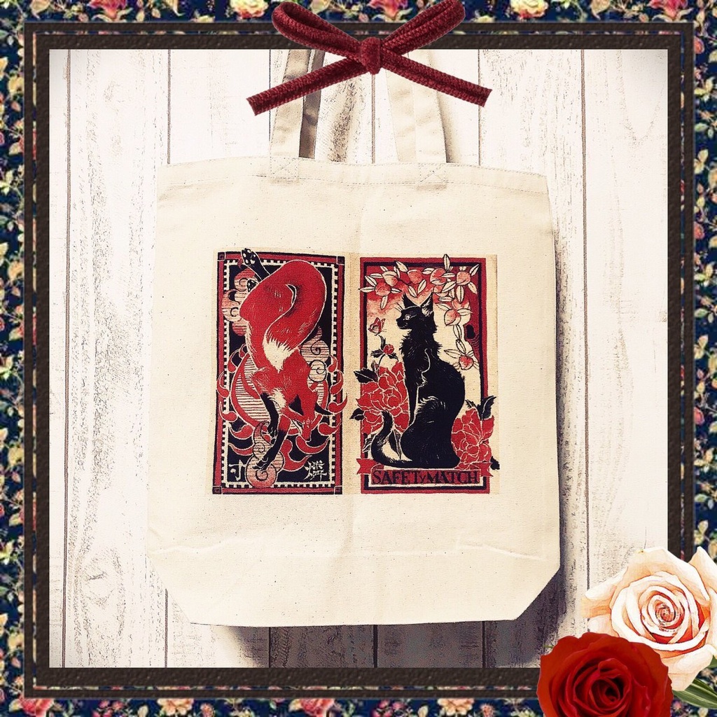 猫と狐、マッチ柄トートバッグ-M