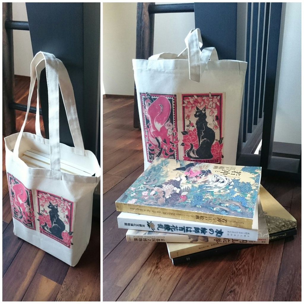 猫と狐、マッチ柄トートバッグ-M