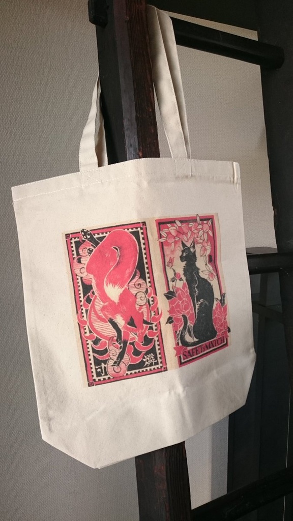 猫と狐、マッチ柄トートバッグ-M