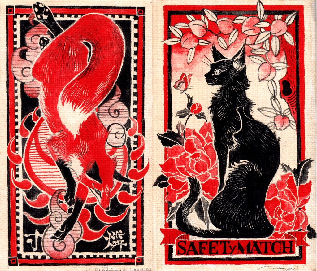 猫と狐、マッチ柄トートバッグ-M