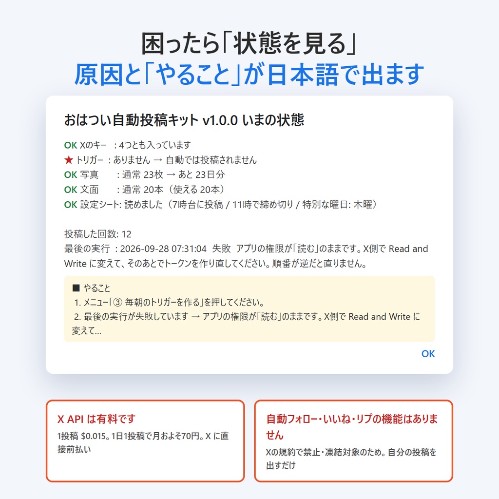 おはつい自動投稿キット ― 写真を入れるだけで毎朝Xに「おはよう」【VRChat向け・PC不要】