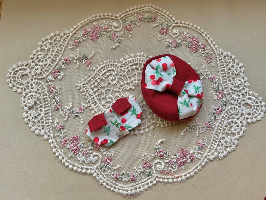 のれん　さくらんぼのスクエアカラーTシャツ＋ベレー帽