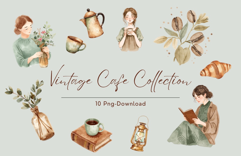 【ヴィンテージカフェ】水彩クリップアート10点セット｜PNG
