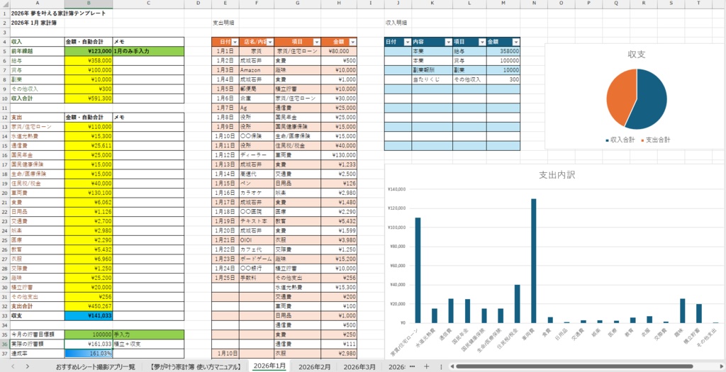 【2026年版 夢が叶う家計簿Excelテンプレート】