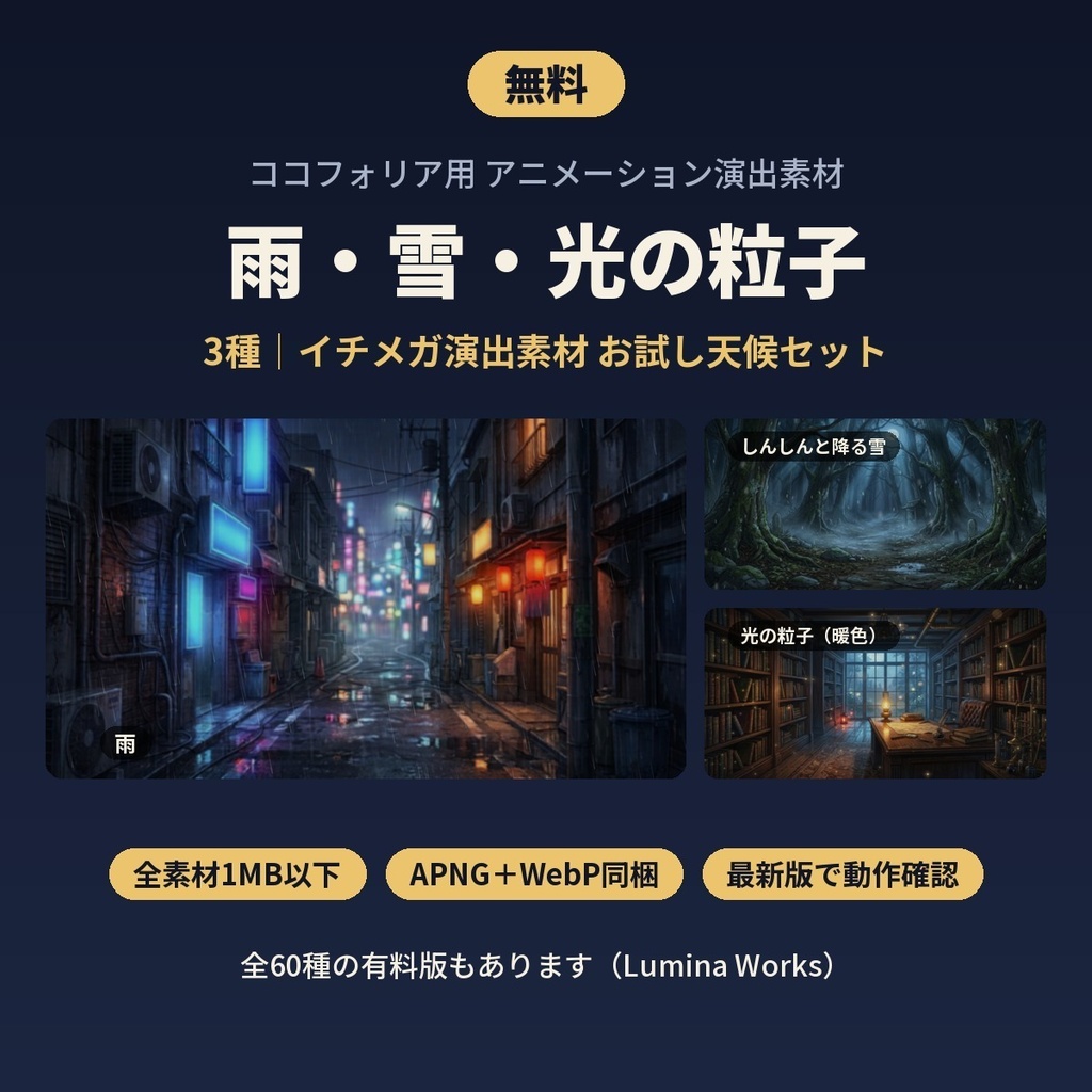 【無料】ココフォリア用 雨・雪・光の粒子 演出素材3種|全素材1MB以下・APNG/WebP(イチメガ演出素材 お試し天候セット)
