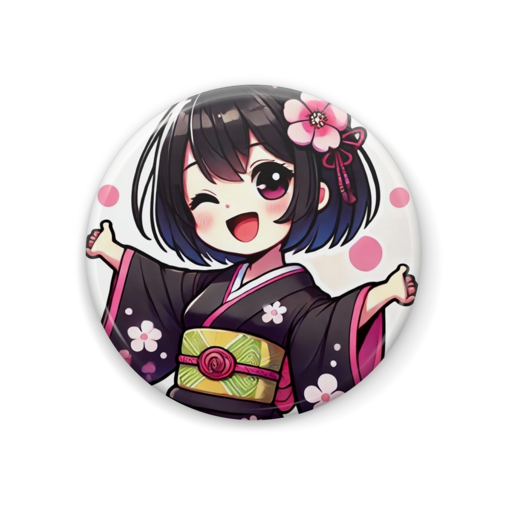 缶バッジ「イチノちゃん 着物(桜 ブラック×ピンク)」