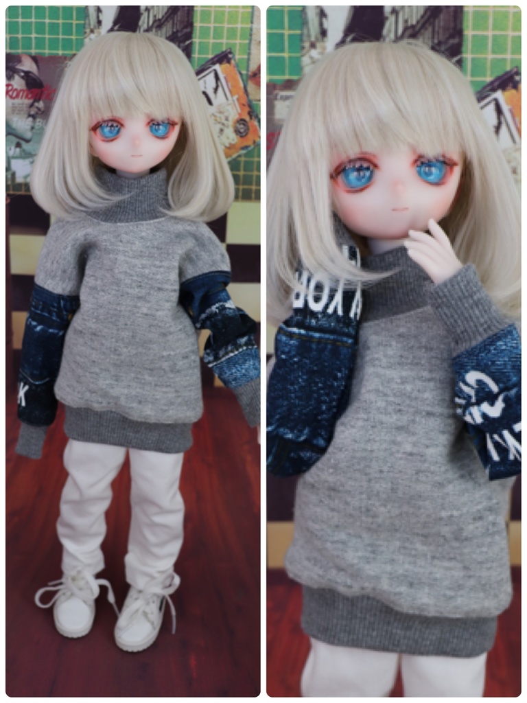 デニム風袖スウェット×ホワイトデニムパンツ