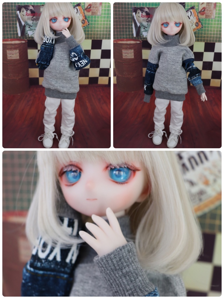 デニム風袖スウェット×ホワイトデニムパンツ