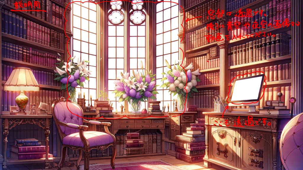 紫基調でアンティーな雰囲気の配信部屋(ダストとプリズムのレイヤー付き)