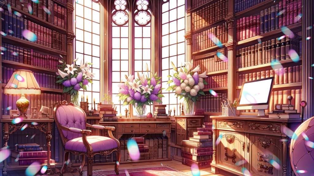 紫基調でアンティーな雰囲気の配信部屋(ダストとプリズムのレイヤー付き)