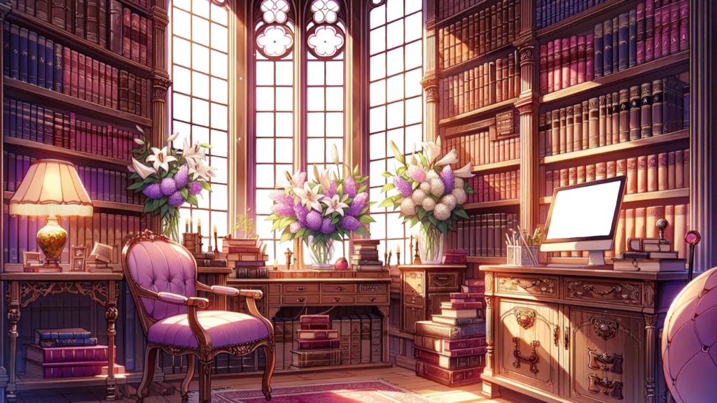 紫基調でアンティーな雰囲気の配信部屋(ダストとプリズムのレイヤー付き)